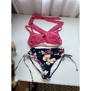 Floral High Waist Bikini Set Pink Halter Criss Cross Swimsuit